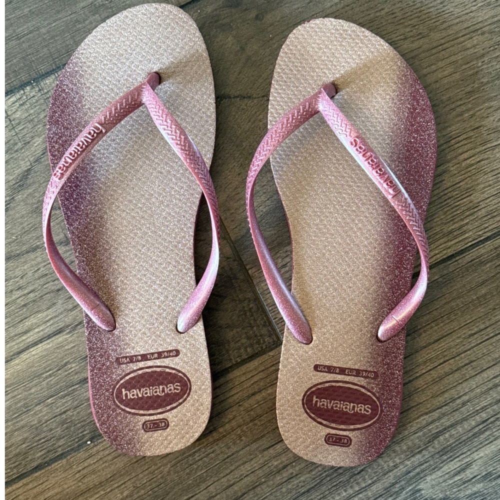 Havaianas Slim Glitter Flip Flops Womens 7/8 Rose Gold Pink Metallic Sandals